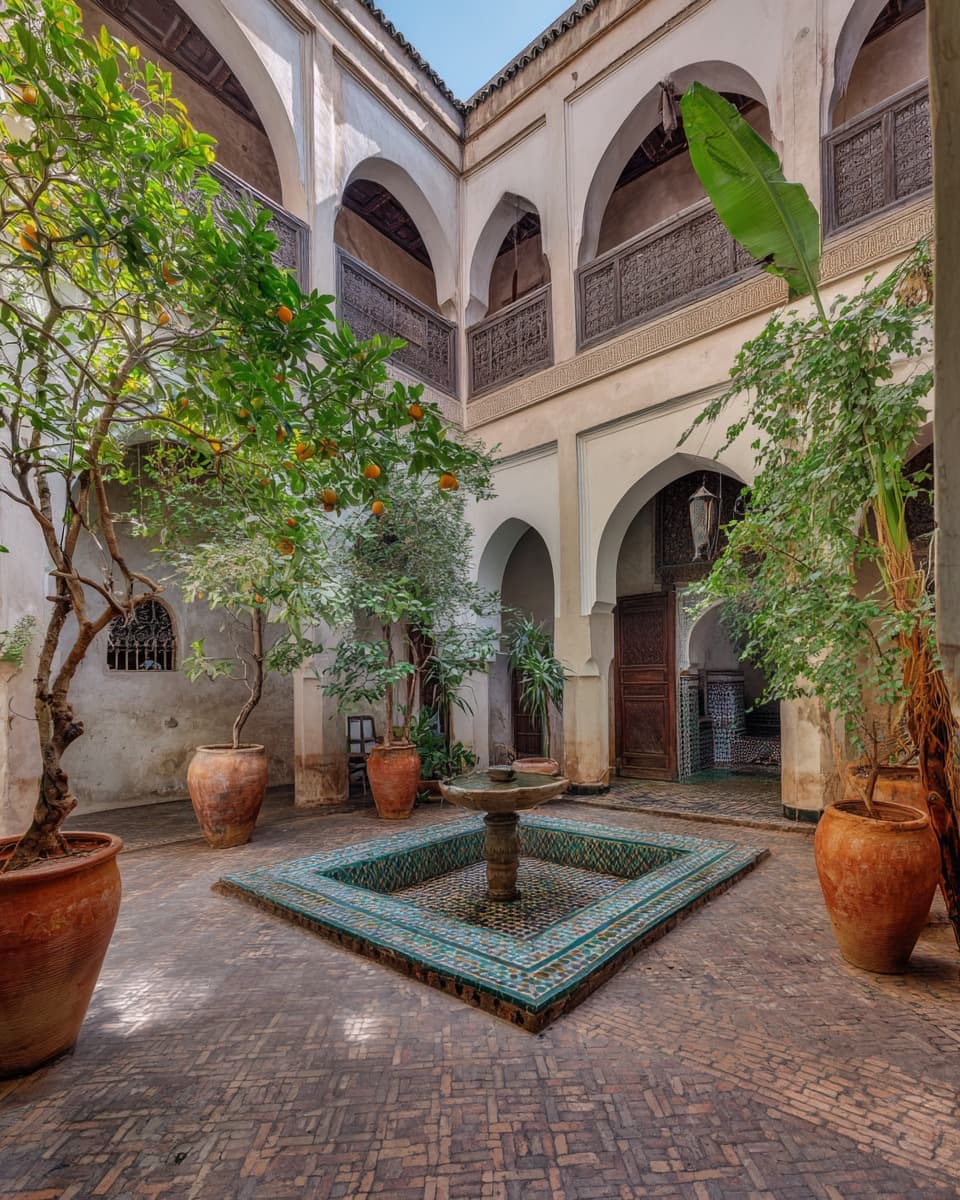 Cour intérieure d'un riad avec fontaine et orangers à Marrakech