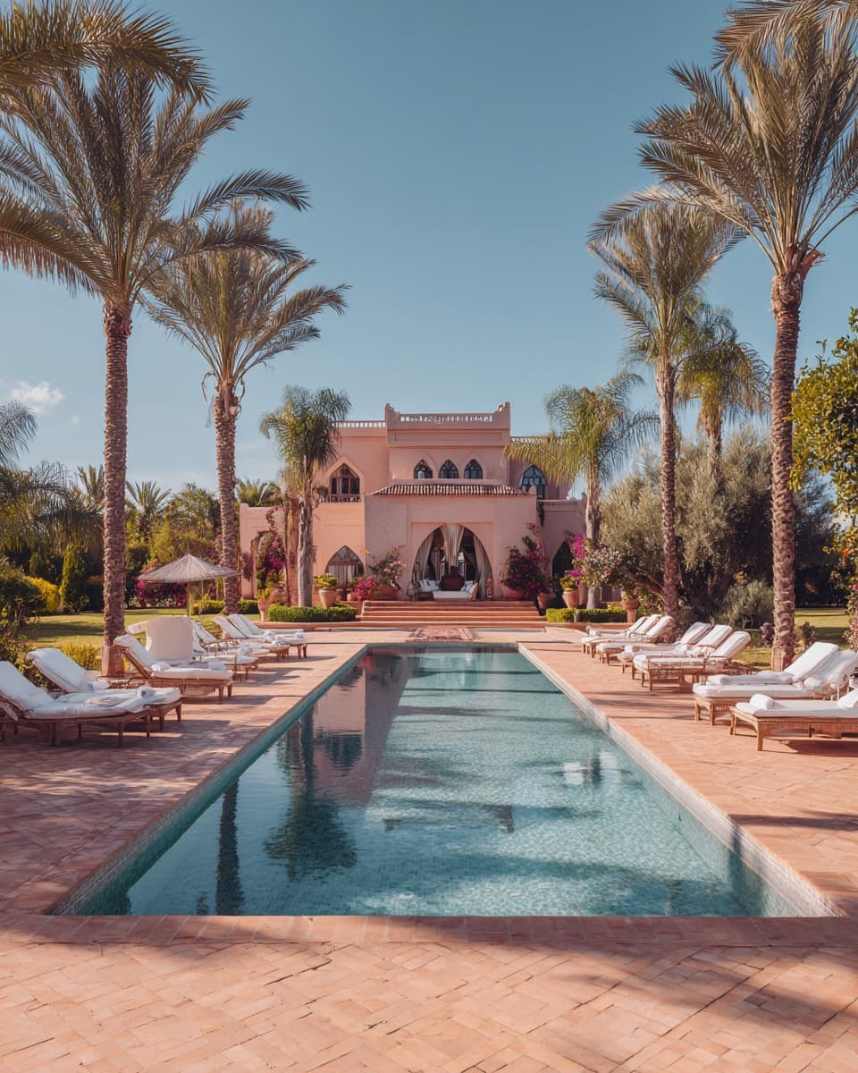 Façade et allée bordée de palmiers d'une villa de luxe à Marrakech